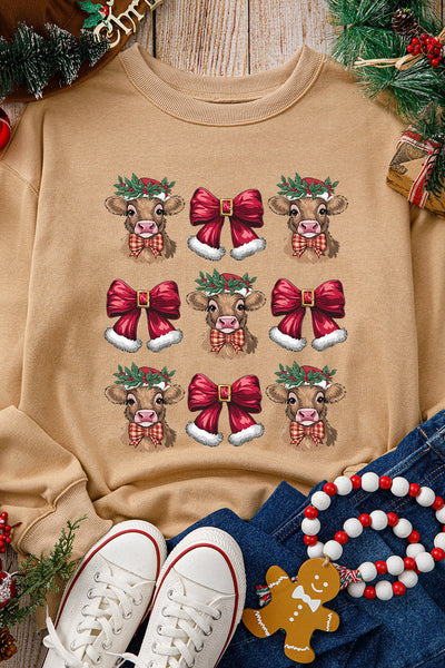 Women's Khaki Highland Cow Holiday Graphic Sweatshirt