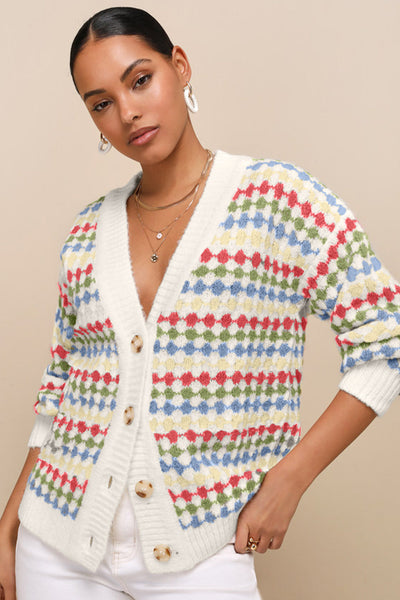 Women's Cozy White Polka Dot Knit Cardigan Sweater with Button Front & V-Neck - Casual Chic for All Seasons