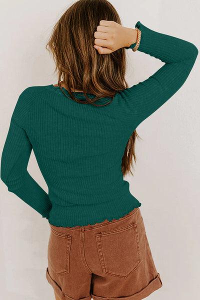 Women's Skobeloff Deep Teal Ribbed Long Sleeve Lace Trim Top