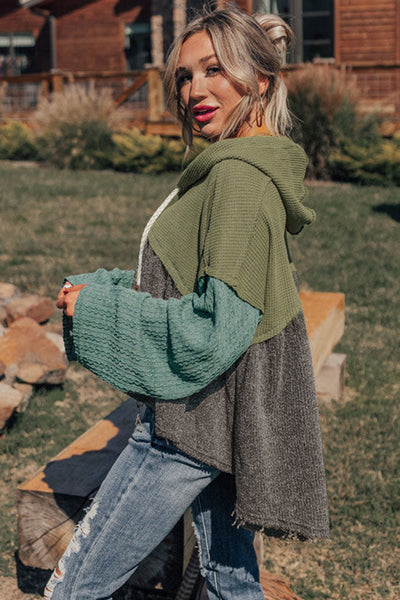 Laurel Green Women's Colorblock Hooded Top with Frayed High-Low Hem, Wide Sleeves & Textured Fabric for Stylish Comfort