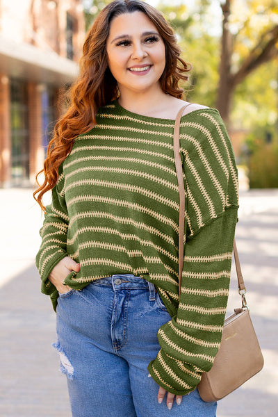 Cozy Women's Green Stripe Drop Shoulder Sweater - Effortless Casual Style for Everyday Comfort and Versatile Wear