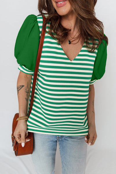 Women's Green Striped V-Neck Blouse with Puff Sleeves