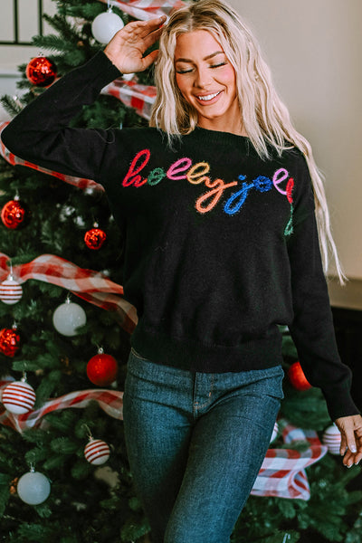 Cozy Black Round Neck Sweater for Women - Casual Fit, Winter Essential for Holiday Cheer and Everyday Style