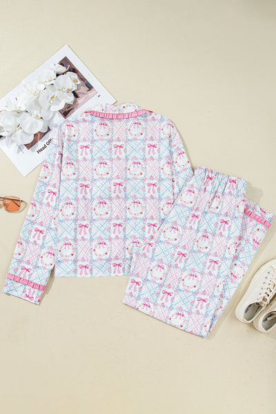 Cozy Women's Pink Holiday Pajama Set with Bow Wreath Pattern Long Sleeve Tied Front 2-Piece Christmas Sleepwear