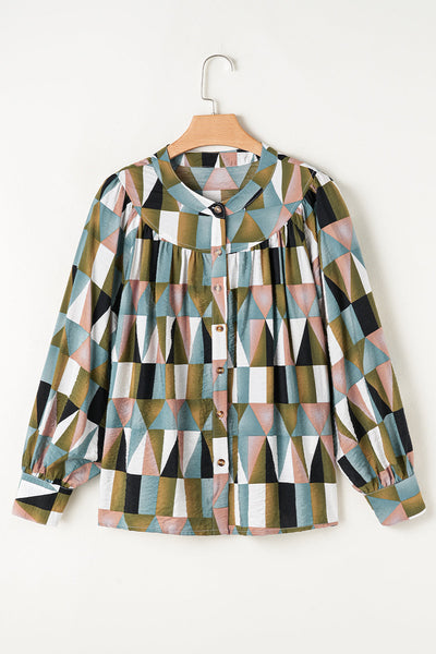 Stylish Women's Green Geometric Print Balloon Sleeve Shirt - Casual Loose Fit Top for Effortless Comfort