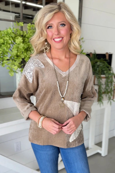 Chic Women's Parchment V-Neck Long Sleeve Top with Sequin Star Patches - Trendy, Stylish, and Perfect for Any Occasion