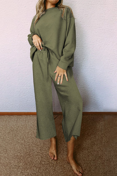 Women's Guacamole Green Slouchy 2-Piece Outfit - Ultra Loose, Textured Set for Casual Comfort and Effortless Style