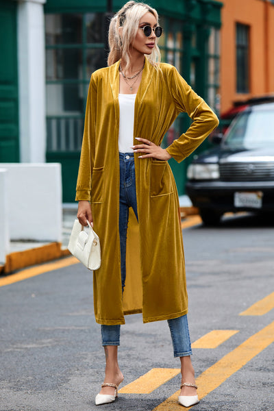 Stylish Women's Yellow Velvet Duster Coat with Pockets - Comfortable Open Front Design for Effortless Chic Looks
