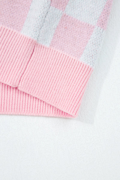 Cozy Women's Pink Checkered V-Neck Cardigan Sweater for Festive Holiday Outfits and Christmas Cheer