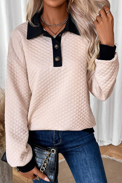 Cozy Women's Oatmeal Colorblock Sweatshirt with Buttoned Collar - Chic Fall Top for Effortless Casual Style