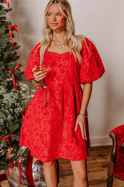 Chic Red Jacquard Mini Dress for Women with Short Puff Sleeves Ideal Festive Party Wear