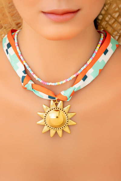 Women's Boho Geometric Scarf Necklace with Gold Sun Pendant