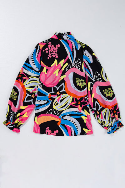 Chic Women's Black Abstract Print Blouse with Ruffled Sleeves and Buttoned V-Neck for Effortless Style