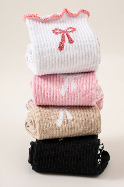 Women's Cotton-Polyester Bow Crew Socks with Non-Slip Grips