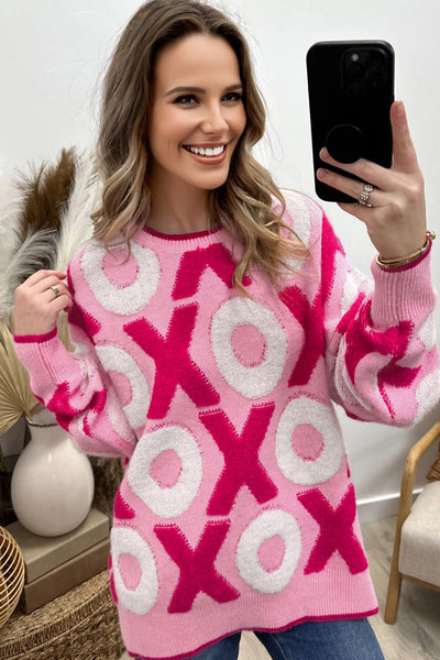 Cozy Women's Pink XOXO Crewneck Sweater - Casual Drop Shoulder Style, Perfect Valentine‚Äôs Day Gift for Her