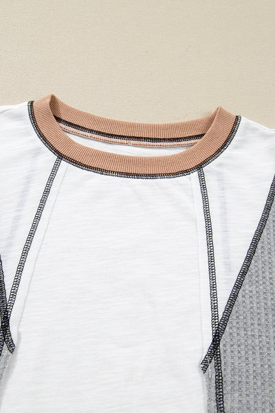 Women's Casual White Textured Knit Top with Stylish Contrast Block Design and Patchwork for Effortless Everyday Chic