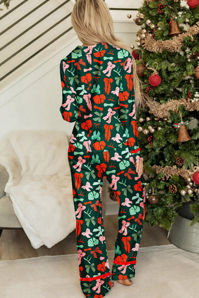 Women's Festive Green Bow Print Ruffle Trim Pajama Set - Comfortable 2-Piece Sleepwear for Cozy Nights
