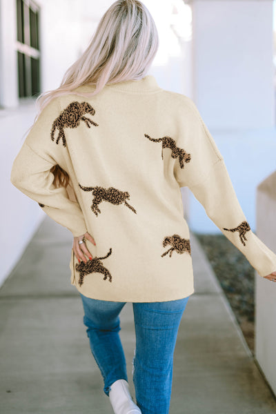 Trendy Women's Parchment Cheetah Print High Neck Sweater with Split Hem - Stylish Casual Knit for Everyday Wear