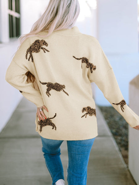 Vibrant Cheetah Print High Neck Split Hem Sweater