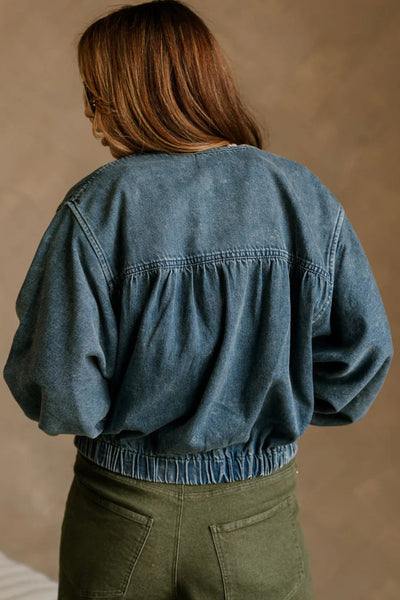 Stylish Women's Real Teal Denim Jacket with Pleated Seams, Round Neck, and Zip-Up Closure for a Chic Look
