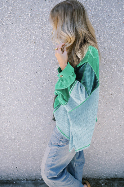 Women's Stylish Green Colorblock Long Sleeve Top with Button Closure & Stitching Detail - Casual Chic for Everyday Wear