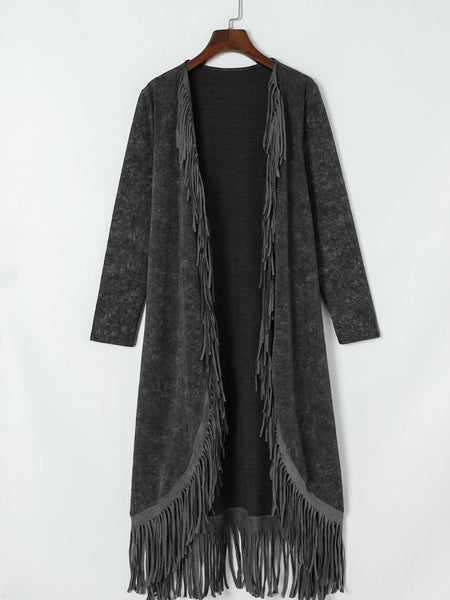 Women's Chic Black Fringed Hem Cardigan with Pockets