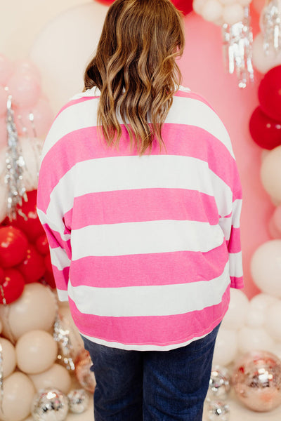 Plus Size Women's Relaxed Fit Pink Stripe Drop Shoulder Top with Solid Collar and Trendy Patchwork Design