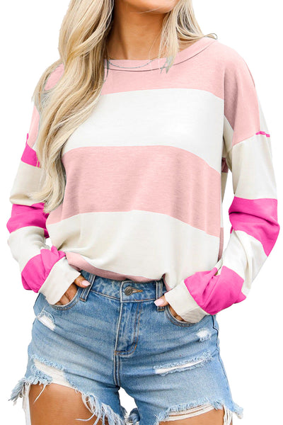Women's Casual Chic Light Pink Colorblock Striped Long Sleeve Drop Shoulder Top for Effortless Everyday Style