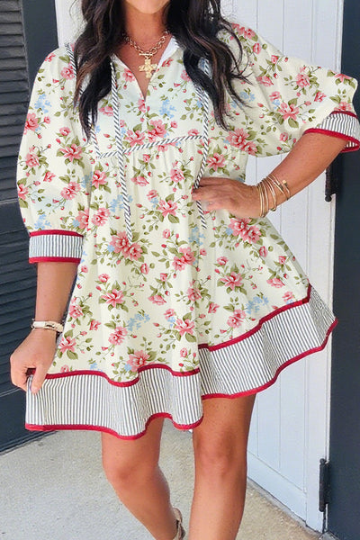 Women's Floral Apricot Striped Puff Dress with 3/4 Sleeves Chic and Comfortable for Spring and Summer Adventures
