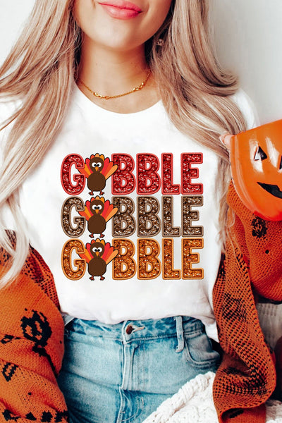 Women's Festive Turkey 'Gobble' Graphic Tee in White Cotton Blend