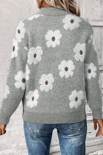 Cozy Women's Gray Floral Half-Zip Sweater - Chic Drop Shoulder Knit Pullover for Effortless Casual Style