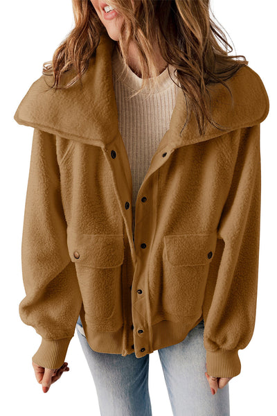 Women's Camel Sherpa Fleece Bomber Jacket with Oversized Shawl Collar