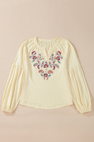 Women's Stylish Apricot Floral Embroidered V-Neck Blouse - Comfortable Fit for Effortless Spring Fashion
