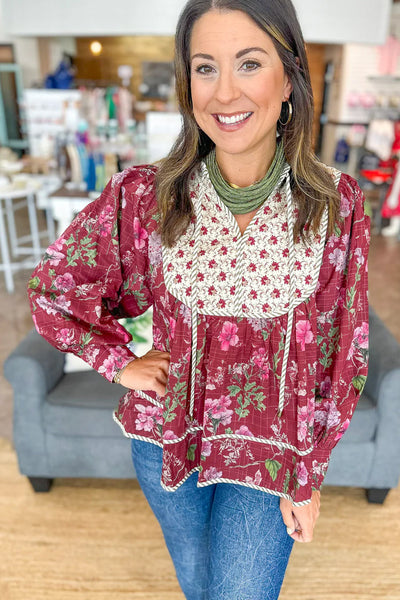 Chic Women's Red Floral Blouse with Contrast Yoke, Striped Trim & Long Puff Sleeves for Effortless Style