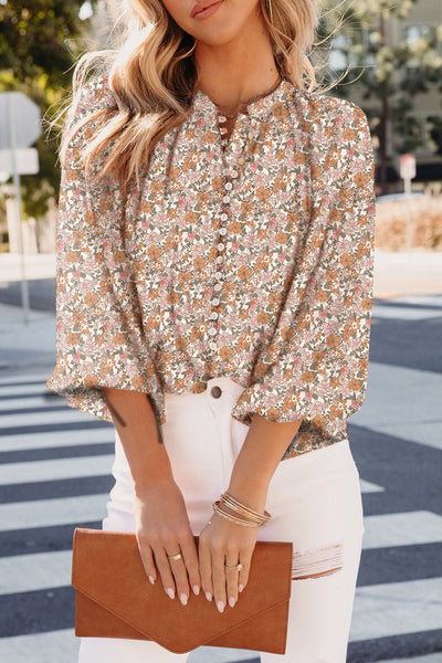 Women's Boho Ditsy Floral Button-Down Blouse with Lantern Sleeves