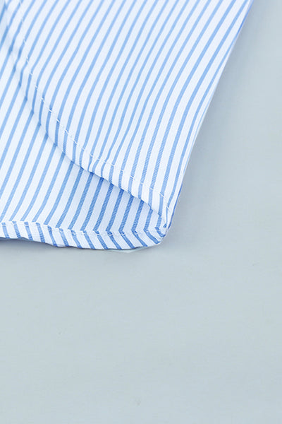 Women's Sky Blue Smocked Cuff Striped Boyfriend Shirt
