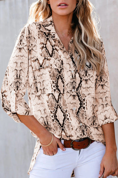 Women's Brown Serpent Patterned Blouse with Convenient Pockets