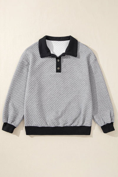 Women's Cozy Light Grey Colorblock Sweatshirt with Textured Fabric and Buttoned Collar for Casual Chic Looks