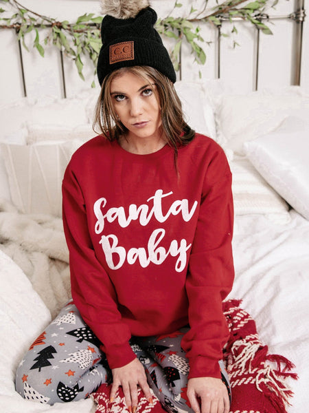 Santa Baby Red Letter Print Crew Neck Sweatshirt