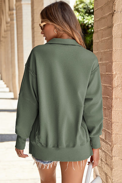 Women's Moss Green Cotton-Blend Button Collar High-Low Sweatshirt