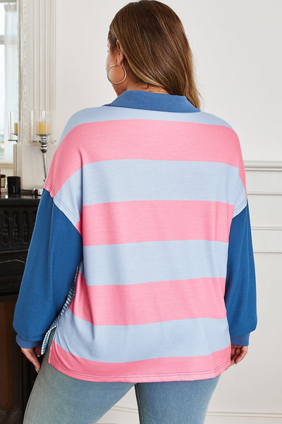 Women's Plus Size Pastel Striped Quarter-Zip Colorblock Pullover