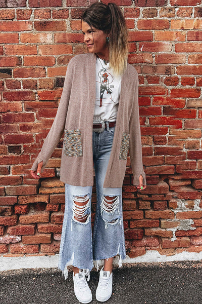 Women's Stylish Dark Khaki Open Front Knit Duster Cardigan with Contrast Pockets - Comfortable and Versatile Outerwear