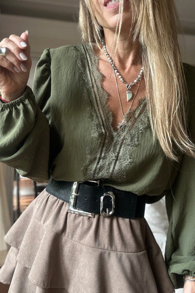Stylish Women's Grass Green V-Neck Puff Sleeve Blouse with Eyelash Detail - Trendy Top for Every Occasion