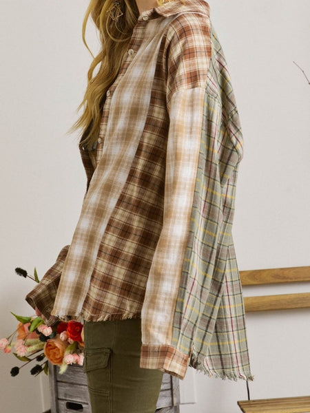 Rustic Brown Patchwork Plaid Shacket with Raw Edge Finishing