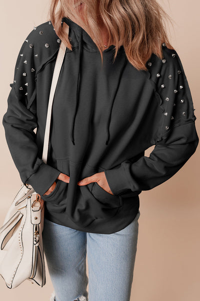 Chic Women's Black Raglan Hoodie with Pocket - Trendy Rivet-Studded Comfortable Casual Wear for Everyday Style