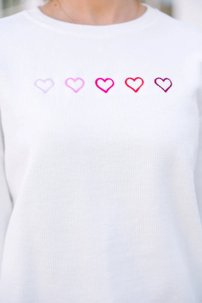 Women's Casual Chic White 3D Ribbed Sweatshirt with XOXO Heart Embroidery and Drop Shoulder Fit for Ultimate Comfort