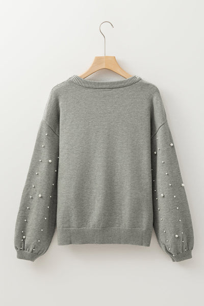 Light Grey Pearled Drop Shoulder Sweater for Women - Cozy Round Neck Knit Top for Chic Casual Style and Comfort