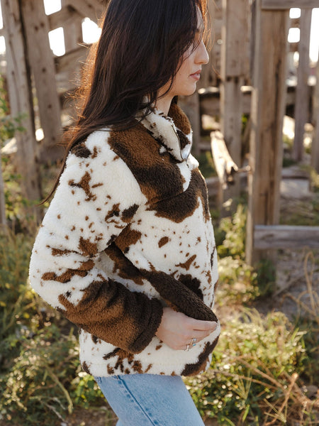 Women's Cow Print Zip Collar Fleece Sweatshirt