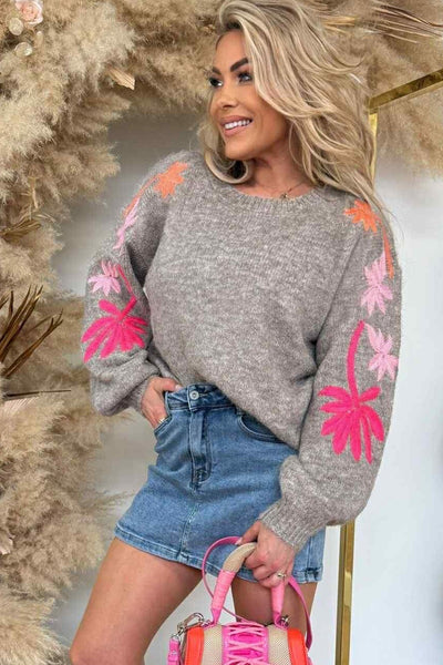 Women's Casual Chic Taupe Sweater with Embroidered Floral Sleeves - Loose Fit, Round Neck Design for Effortless Style