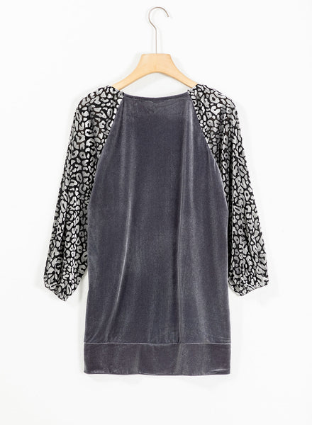 stylish women's medium grey leopard print velvet blouse with trendy lantern sleeves for a comfortable, chic look made for easy styling and wardrobe